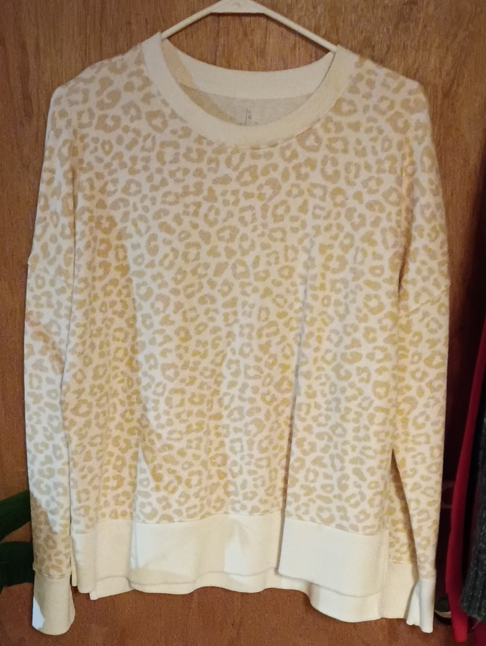Time and Tru Cream and Yellow Leopard Print Crewneck Sweater